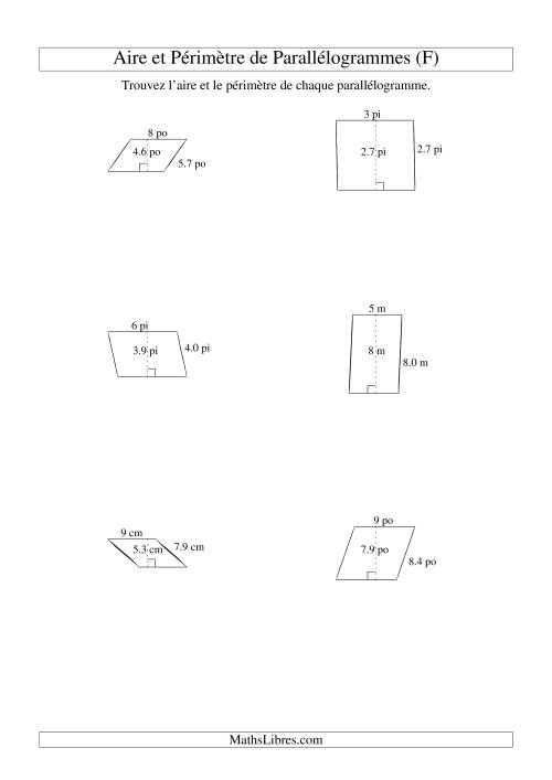 Aire et périmètre de parallélogrammes (nombre entier; variation 1-9) (F)