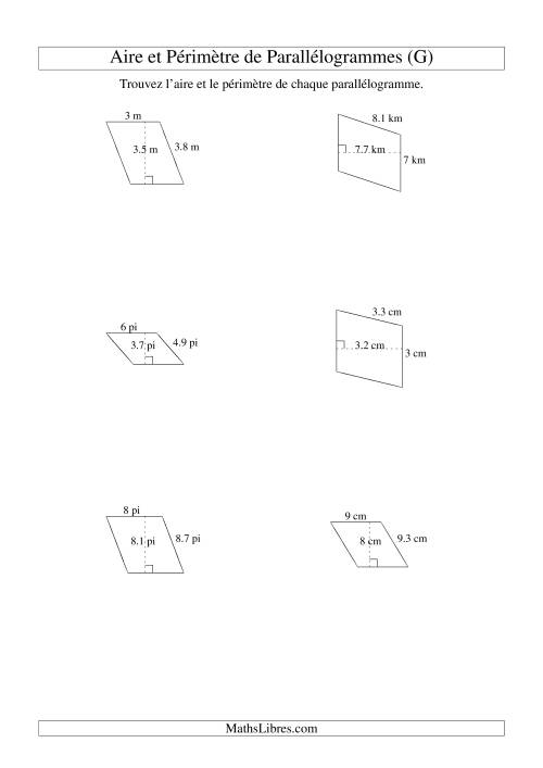 Aire et périmètre de parallélogrammes (nombre entier; variation 1-9) (G)