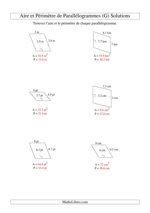 Aire et périmètre de parallélogrammes (nombre entier; variation 1-9) (G) page 2