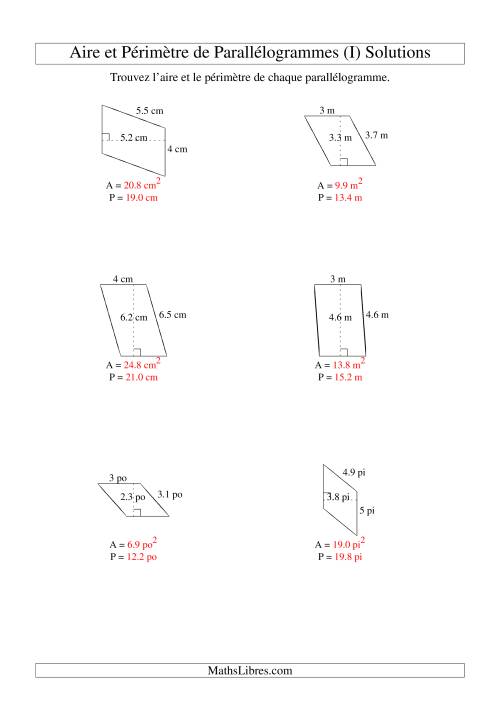 Aire et périmètre de parallélogrammes (nombre entier; variation 1-9) (I) page 2