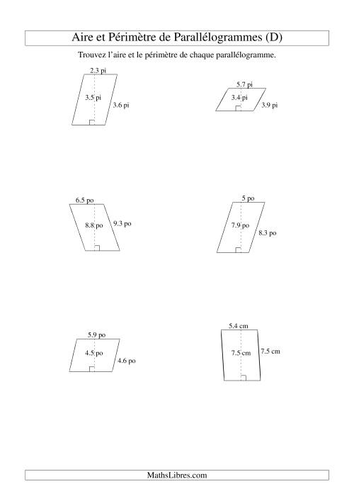 Aire et périmètre de parallélogrammes (jusqu'à 1 décimale; variation 1-9) (D)