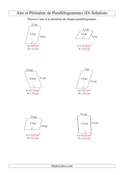 Aire et périmètre de parallélogrammes (jusqu'à 1 décimale; variation 1-9) (D) page 2