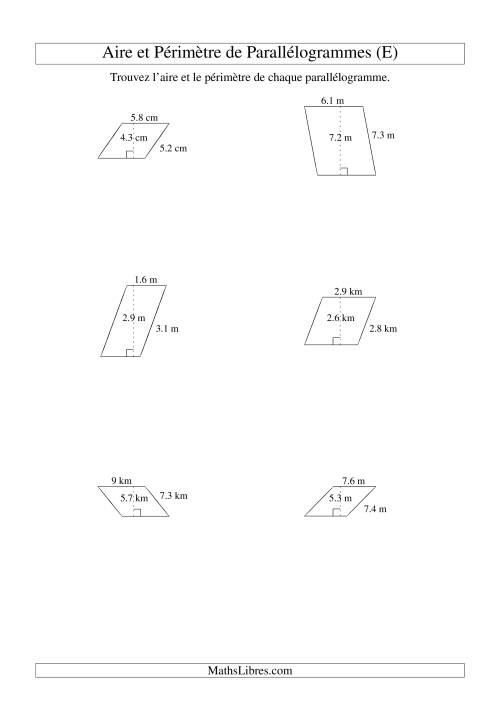 Aire et périmètre de parallélogrammes (jusqu'à 1 décimale; variation 1-9) (E)