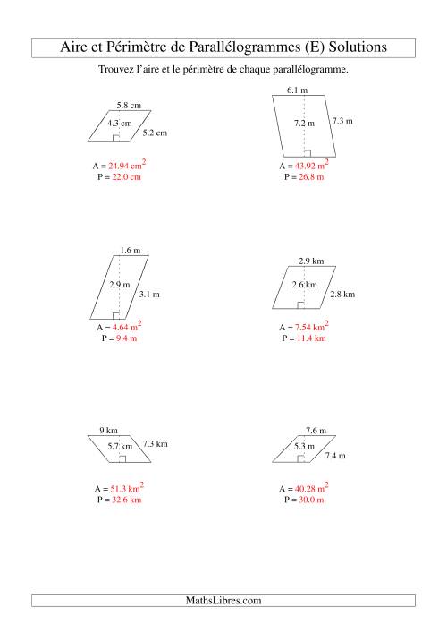 Aire et périmètre de parallélogrammes (jusqu'à 1 décimale; variation 1-9) (E) page 2