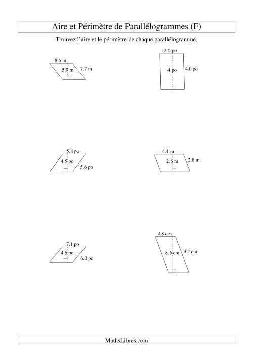 Aire et périmètre de parallélogrammes (jusqu'à 1 décimale; variation 1-9) (F)