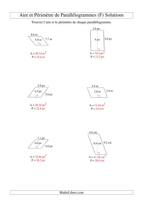 Aire et périmètre de parallélogrammes (jusqu'à 1 décimale; variation 1-9) (F) page 2