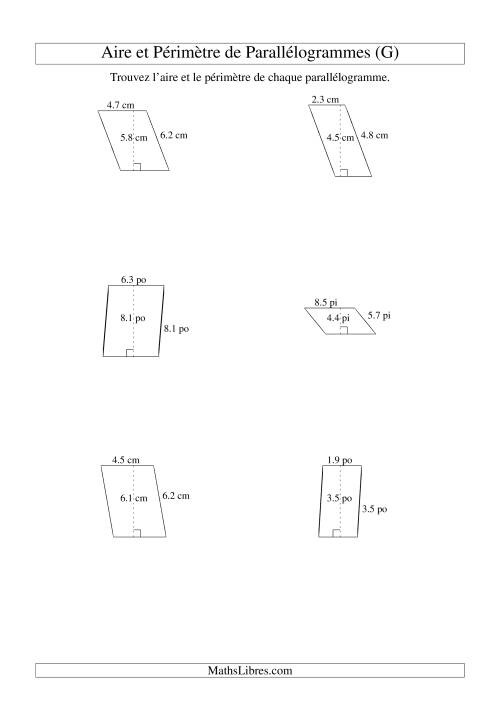 Aire et périmètre de parallélogrammes (jusqu'à 1 décimale; variation 1-9) (G)