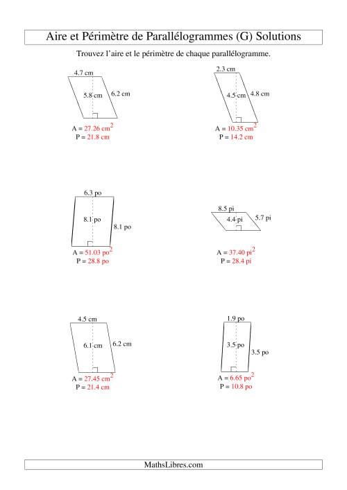 Aire et périmètre de parallélogrammes (jusqu'à 1 décimale; variation 1-9) (G) page 2