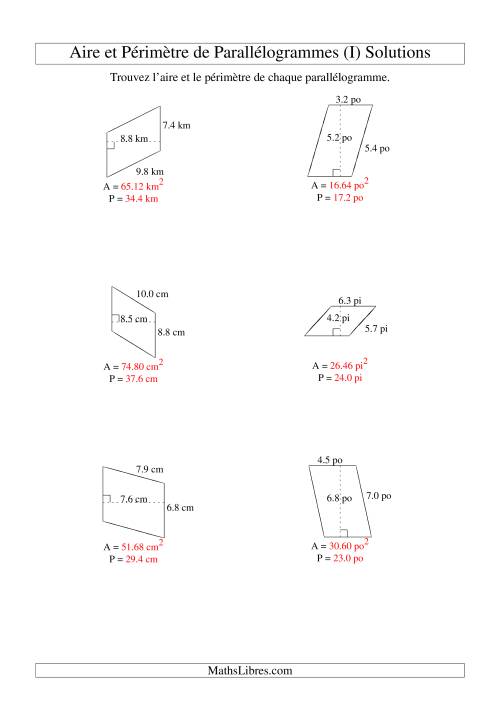 Aire et périmètre de parallélogrammes (jusqu'à 1 décimale; variation 1-9) (I) page 2