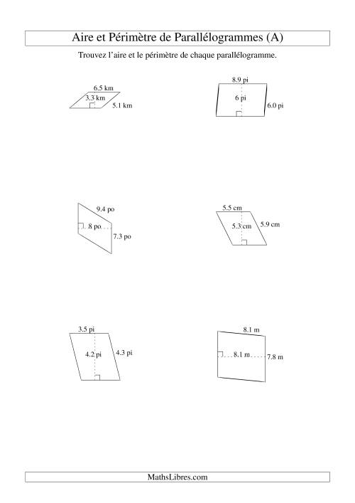 Aire et périmètre de parallélogrammes (jusqu'à 1 décimale; variation 1-9) (Tout)