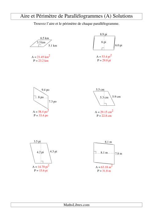 Aire et périmètre de parallélogrammes (jusqu'à 1 décimale; variation 1-9) (Tout) page 2
