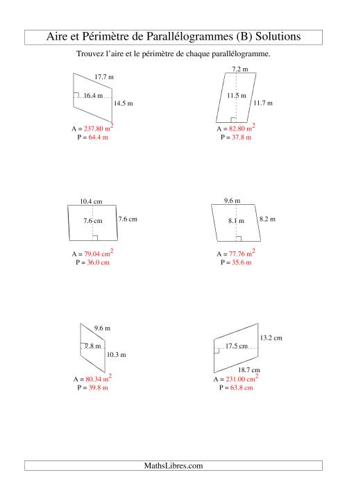 Aire et périmètre de parallélogrammes (jusqu'à 1 décimale; variation 5-20) (B) page 2