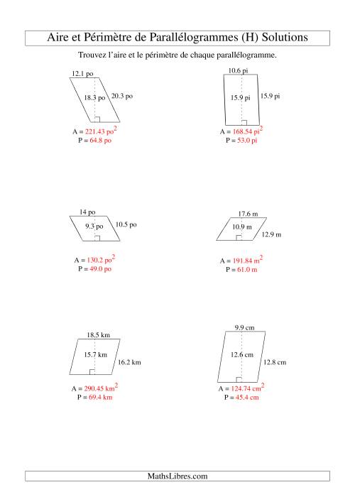 Aire et périmètre de parallélogrammes (jusqu'à 1 décimale; variation 5-20) (H) page 2