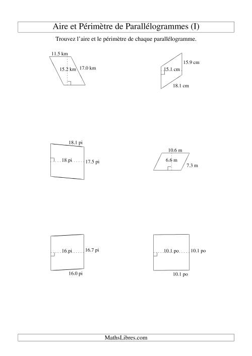 Aire et périmètre de parallélogrammes (jusqu'à 1 décimale; variation 5-20) (I)