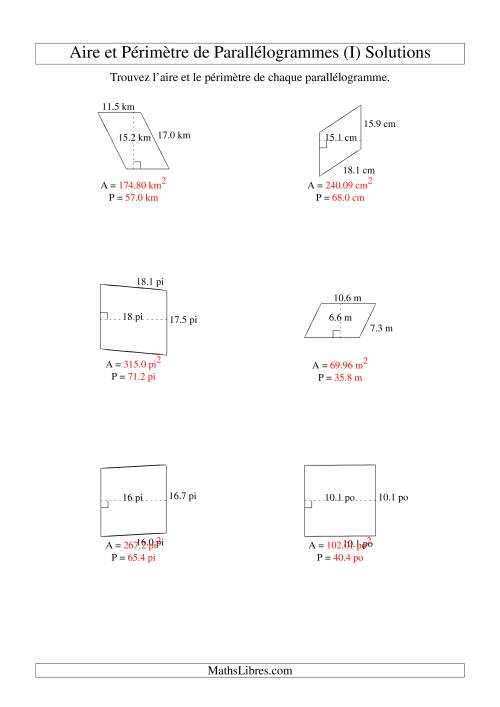 Aire et périmètre de parallélogrammes (jusqu'à 1 décimale; variation 5-20) (I) page 2