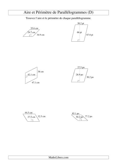 Aire et périmètre de parallélogrammes (jusqu'à 1 décimale; variation 10-99) (D)