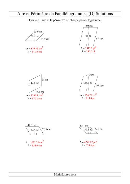 Aire et périmètre de parallélogrammes (jusqu'à 1 décimale; variation 10-99) (D) page 2