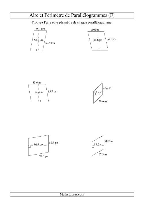 Aire et périmètre de parallélogrammes (jusqu'à 1 décimale; variation 10-99) (F)