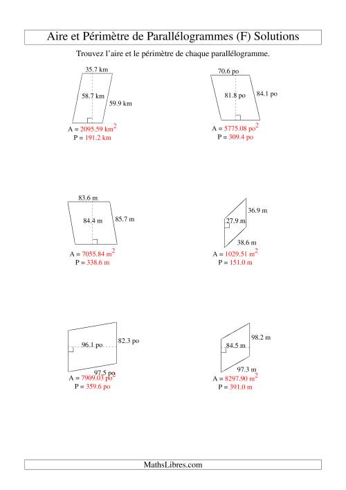 Aire et périmètre de parallélogrammes (jusqu'à 1 décimale; variation 10-99) (F) page 2