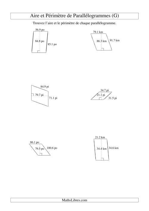 Aire et périmètre de parallélogrammes (jusqu'à 1 décimale; variation 10-99) (G)