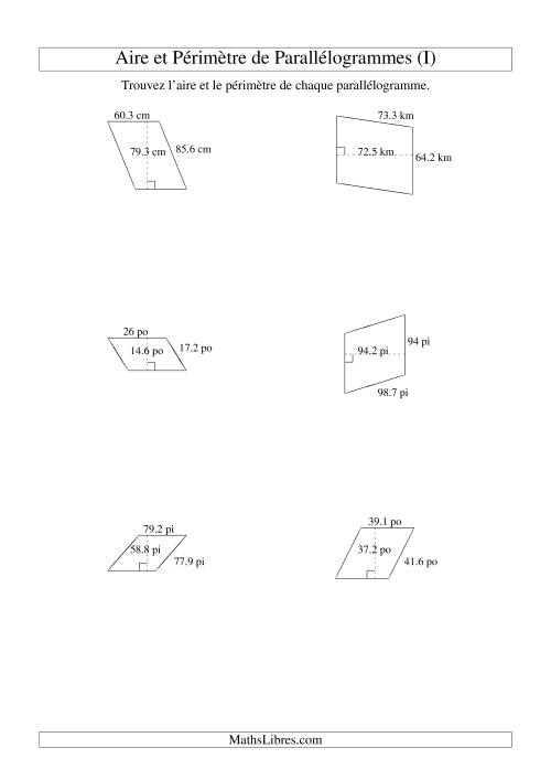 Aire et périmètre de parallélogrammes (jusqu'à 1 décimale; variation 10-99) (I)
