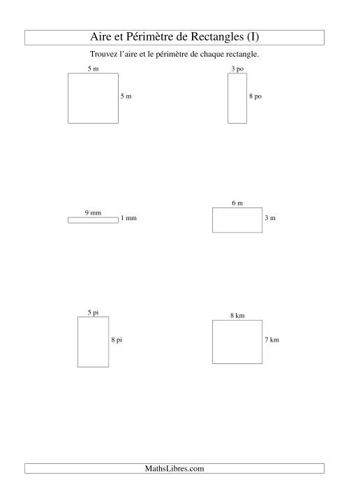 Aire et périmètre de rectangles (nombre entier; variation 1-9) (I)
