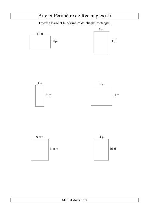 Aire et périmètre de rectangles (nombre entier; variation 5-20) (J)