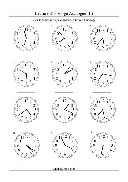 Lecture d'horloge analogue (intervalles 1 minute) (E)