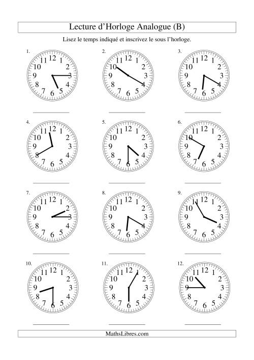 Lecture d'horloge analogue (intervalles 5 minutes) (B)