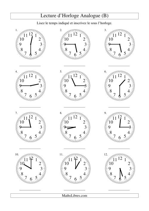 Lecture d'horloge analogue (intervalles 15 minutes) (B)