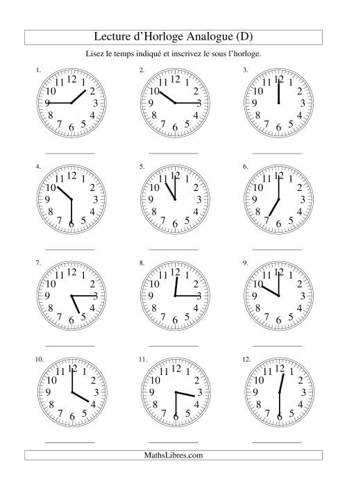 Lecture d'horloge analogue (intervalles 15 minutes) (D)