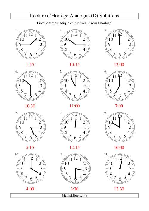 Lecture d'horloge analogue (intervalles 15 minutes) (D) page 2