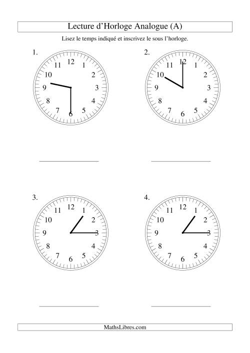 Lecture d'horloge analogue (intervalles 15 minutes) (Gros Caractères)