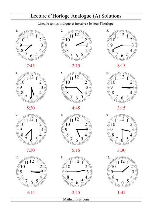 Lecture d'horloge analogue (intervalles 15 minutes) (Tout) page 2