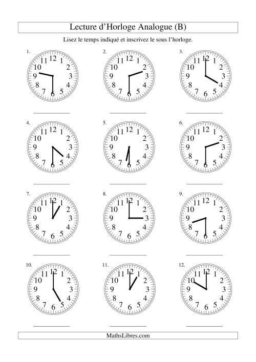 Lecture d'horloge analogue (intervalles 30 minutes) (B)