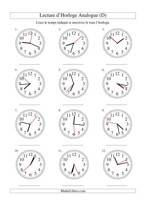 Lecture d'horloge analogue (intervalles 1 seconde) (D)