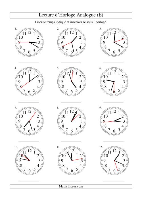 Lecture d'horloge analogue (intervalles 1 seconde) (E)