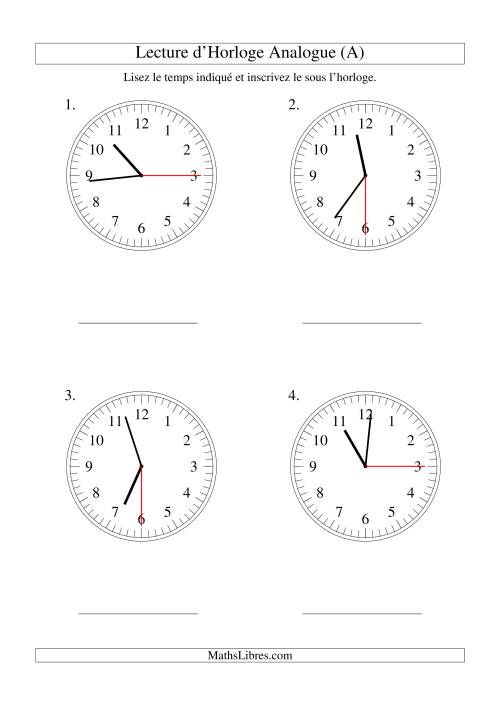Lecture d'horloge analogue (intervalles 15 secondes) (Gros Caractères)
