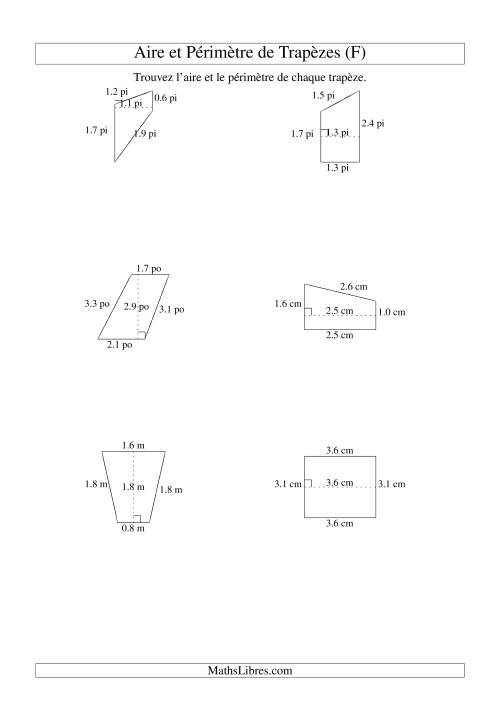 Aire et périmètre de trapèzes (jusqu'à 1 décimale; variation 1-5) (F)