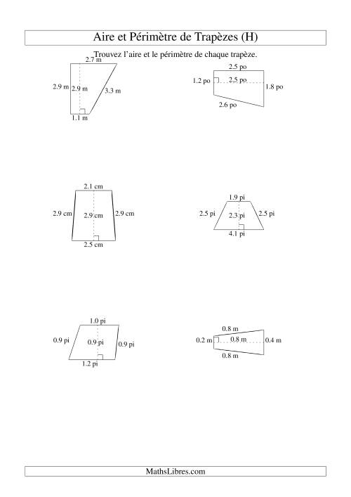 Aire et périmètre de trapèzes (jusqu'à 1 décimale; variation 1-5) (H)