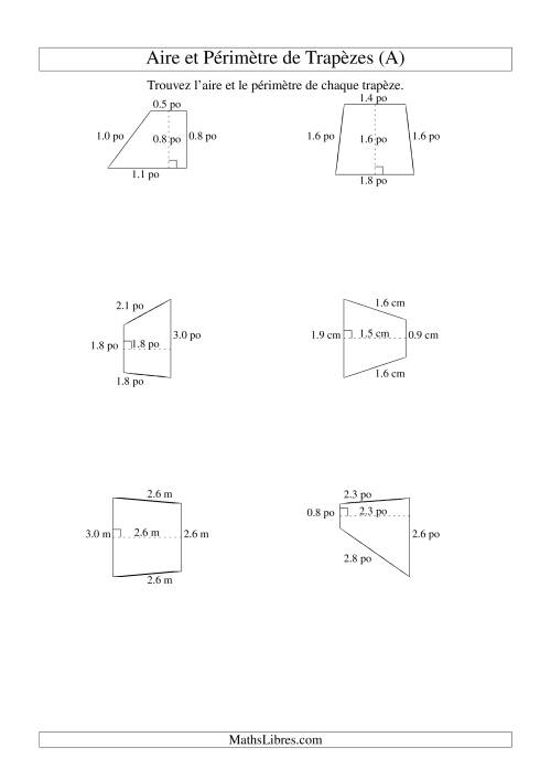 Aire et périmètre de trapèzes (jusqu'à 1 décimale; variation 1-5) (Tout)