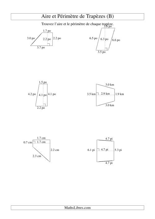 Aire et périmètre de trapèzes (jusqu'à 1 décimale; variation 1-9) (B)