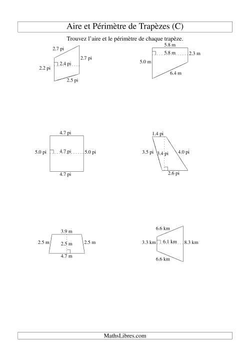 Aire et périmètre de trapèzes (jusqu'à 1 décimale; variation 1-9) (C)