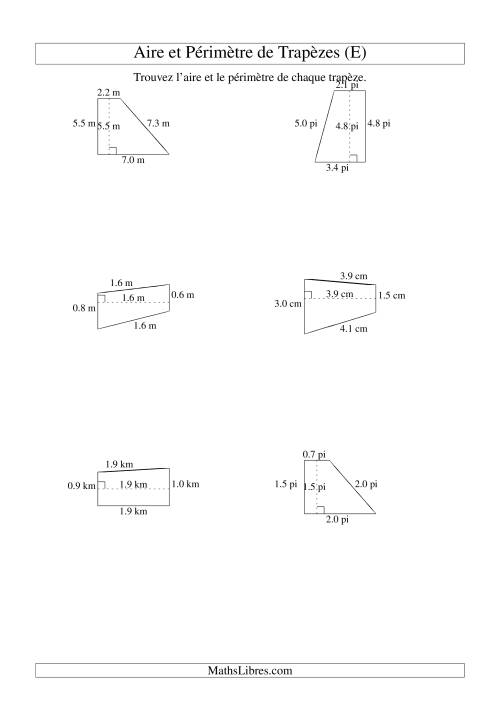 Aire et périmètre de trapèzes (jusqu'à 1 décimale; variation 1-9) (E)