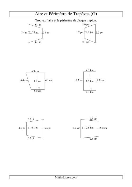 Aire et périmètre de trapèzes (jusqu'à 1 décimale; variation 1-9) (G)
