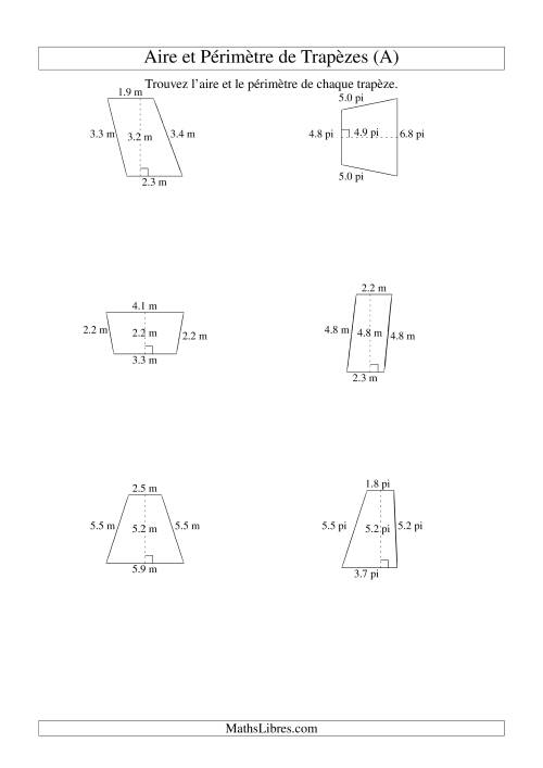 Aire et périmètre de trapèzes (jusqu'à 1 décimale; variation 1-9) (Tout)