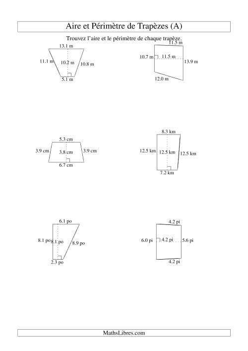 Aire et périmètre de trapèzes (jusqu'à 1 décimale; variation 5-20) (A)