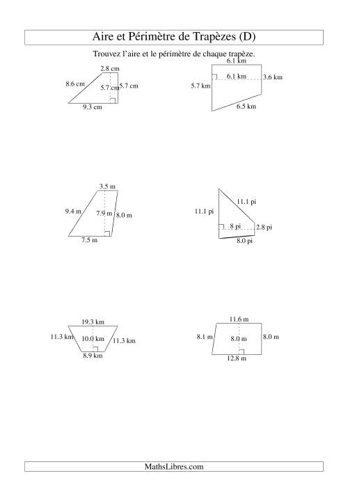 Aire et périmètre de trapèzes (jusqu'à 1 décimale; variation 5-20) (D)