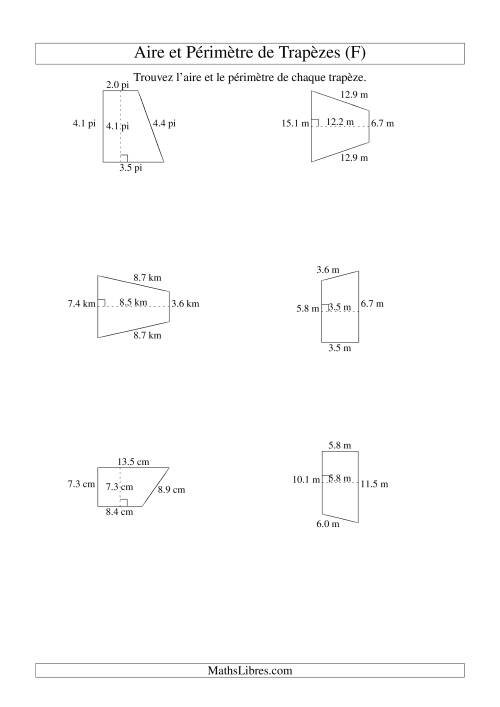 Aire et périmètre de trapèzes (jusqu'à 1 décimale; variation 5-20) (F)