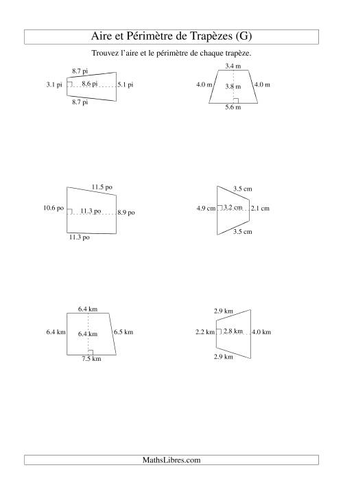 Aire et périmètre de trapèzes (jusqu'à 1 décimale; variation 5-20) (G)